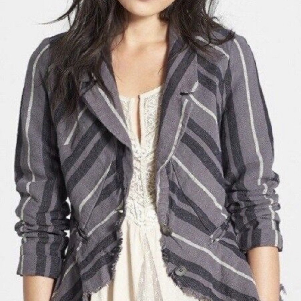 Free People Charcoal Combo Rumpled Stripe Yarn Dye Linen Blazer